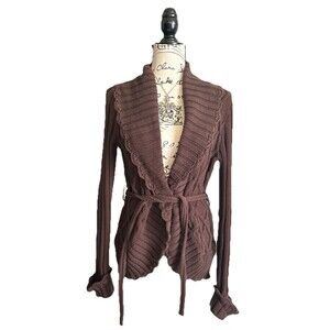 VTG Y2K JW Junction West Brown Rib Knit Cardigan With Waist Tie &Cuffed Sleeves